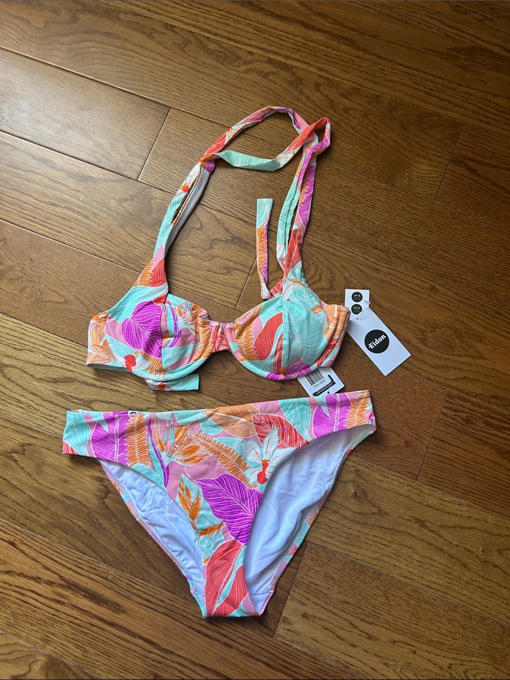 Eidon Tropical Leaf Underwire Bikini Set - Pink, Orange, Mint size Large